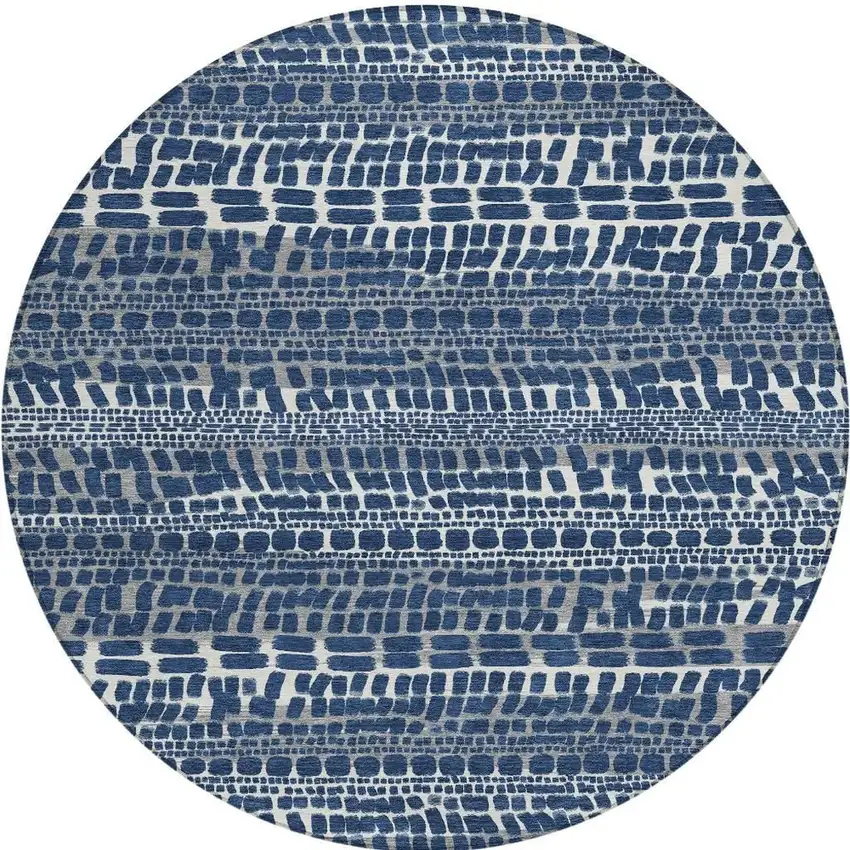 8' Navy Blue And Gray Round Abstract Washable Indoor Outdoor Area Rug Photo 3