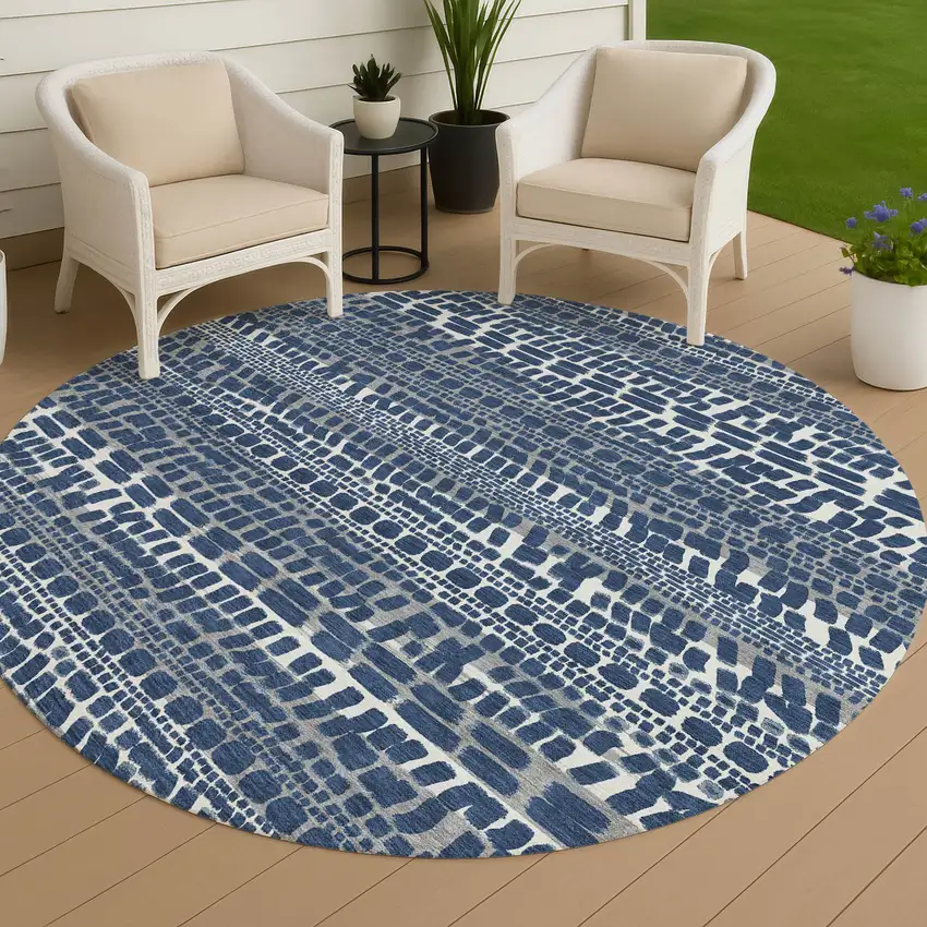 8' Navy Blue And Gray Round Abstract Washable Indoor Outdoor Area Rug Photo 4