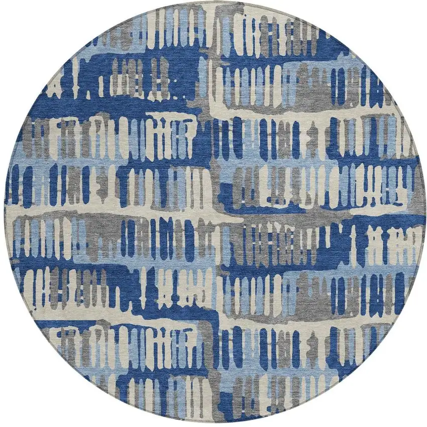 8' Navy Blue And Gray Round Abstract Washable Indoor Outdoor Area Rug Photo 4