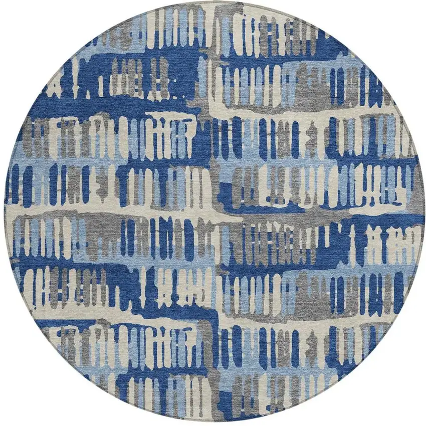 8' Navy Blue And Gray Round Abstract Washable Indoor Outdoor Area Rug Photo 6