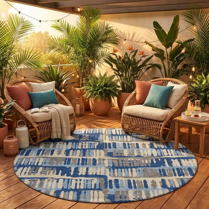 8' Navy Blue And Gray Round Abstract Washable Indoor Outdoor Area Rug Photo 1