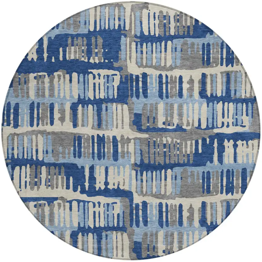 8' Navy Blue And Gray Round Abstract Washable Indoor Outdoor Area Rug Photo 2