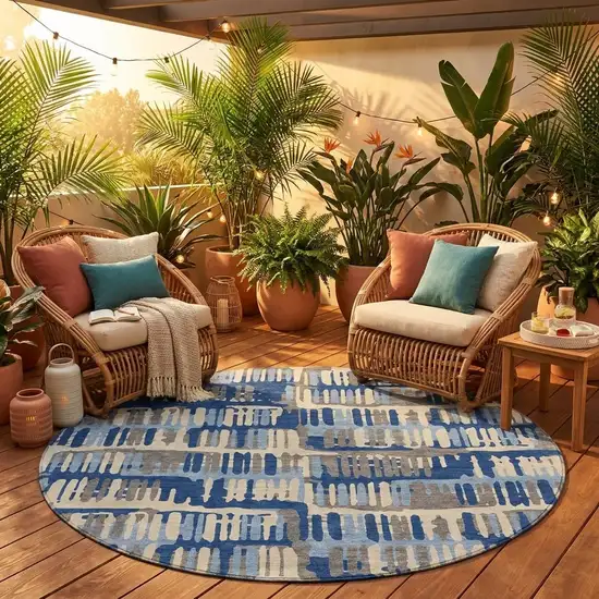8' Navy Blue And Gray Round Abstract Washable Indoor Outdoor Area Rug Photo 1