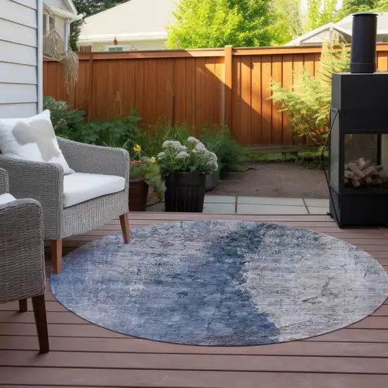 8' Navy Blue And Gray Round Abstract Washable Indoor Outdoor Area Rug Photo 9