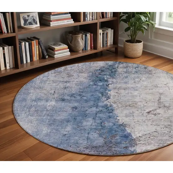 8' Navy Blue And Gray Round Abstract Washable Indoor Outdoor Area Rug Photo 7