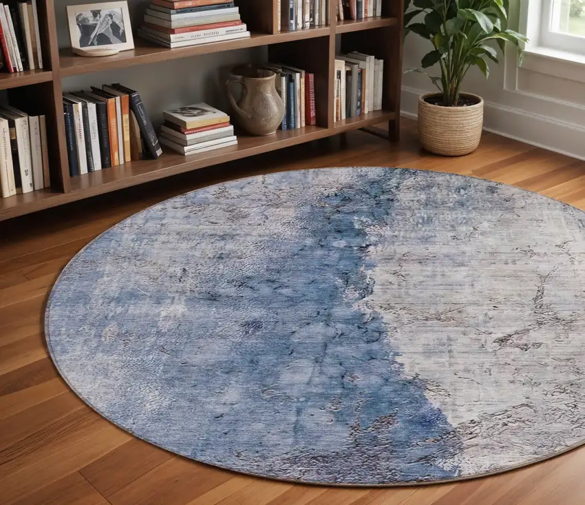 8' Navy Blue And Gray Round Abstract Washable Indoor Outdoor Area Rug Photo 7