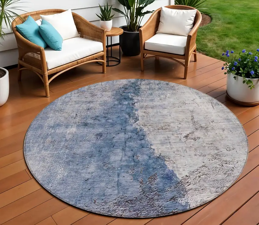8' Navy Blue And Gray Round Abstract Washable Indoor Outdoor Area Rug Photo 1