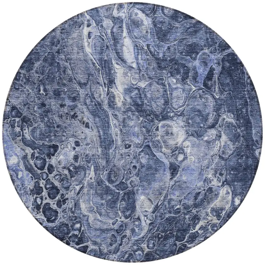 8' Navy Blue And Gray Round Abstract Washable Indoor Outdoor Area Rug Photo 5