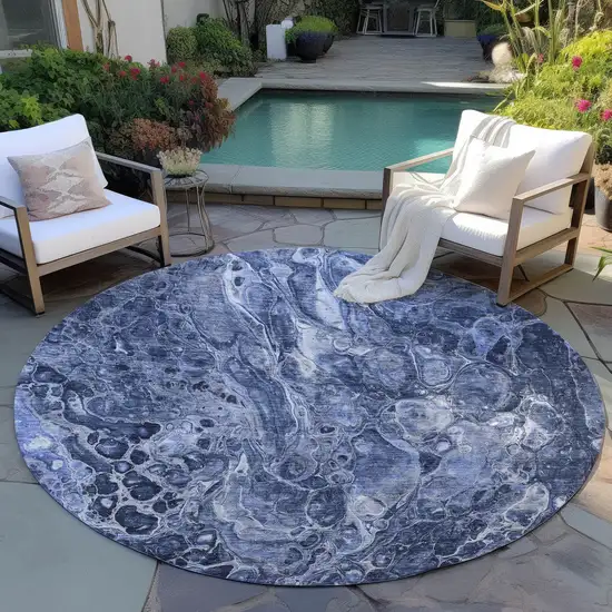 8' Navy Blue And Gray Round Abstract Washable Indoor Outdoor Area Rug Photo 7