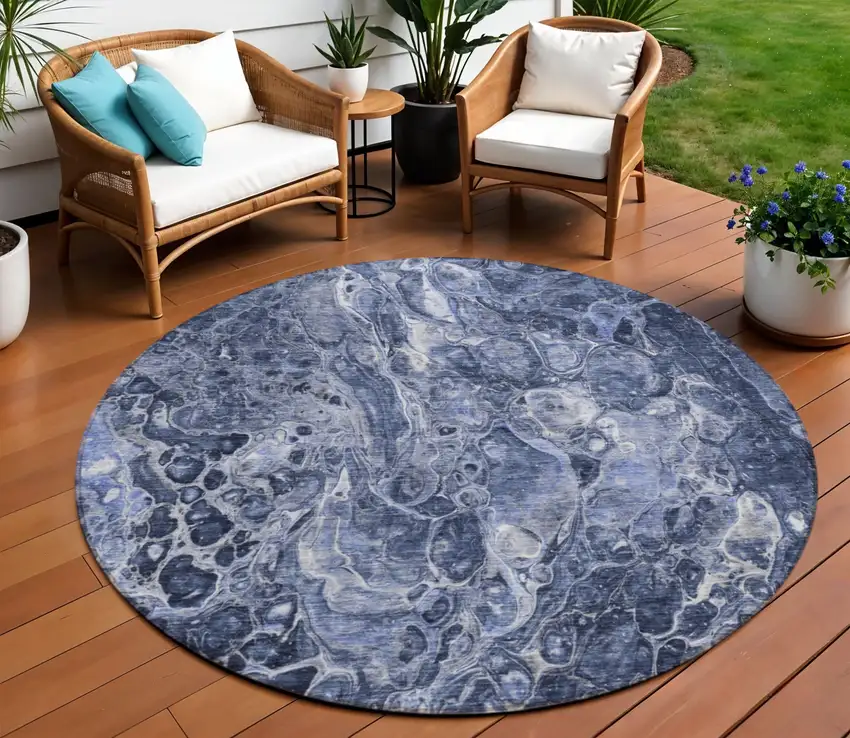 8' Navy Blue And Gray Round Abstract Washable Indoor Outdoor Area Rug Photo 1
