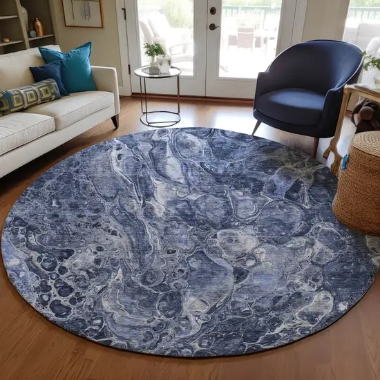 8' Navy Blue And Gray Round Abstract Washable Indoor Outdoor Area Rug Photo 8