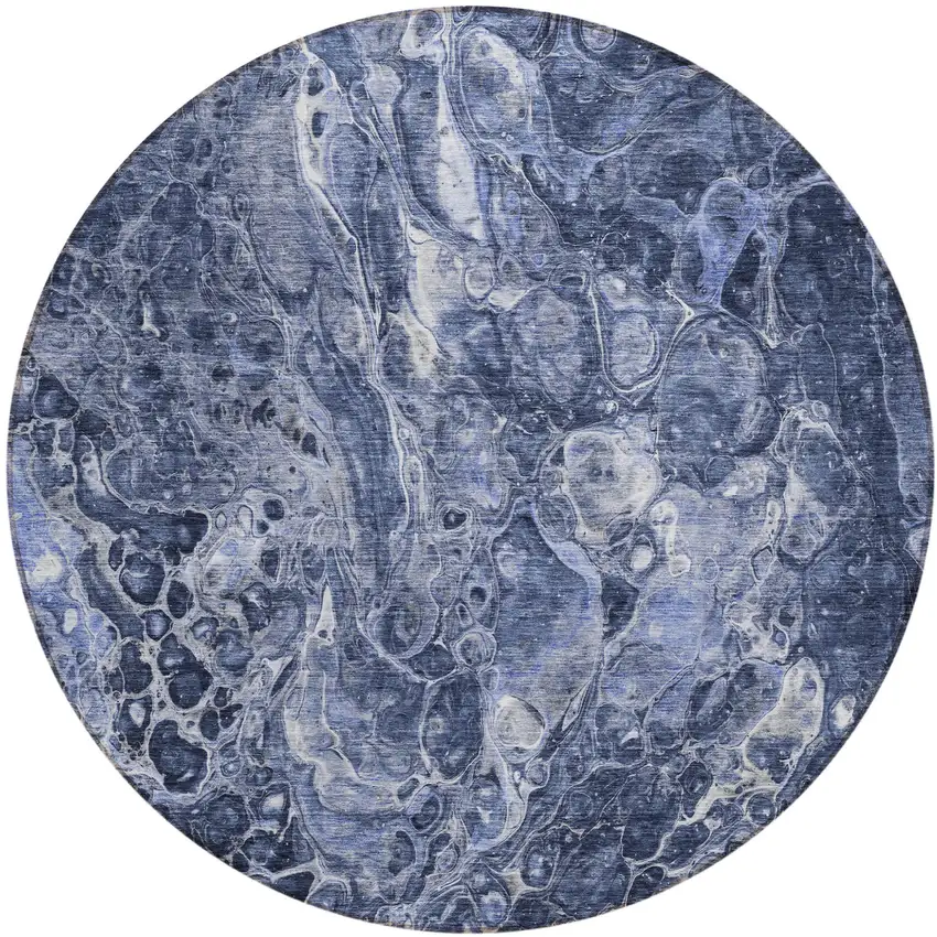 8' Navy Blue And Gray Round Abstract Washable Indoor Outdoor Area Rug Photo 2