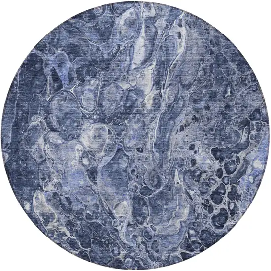 8' Navy Blue And Gray Round Abstract Washable Indoor Outdoor Area Rug Photo 6