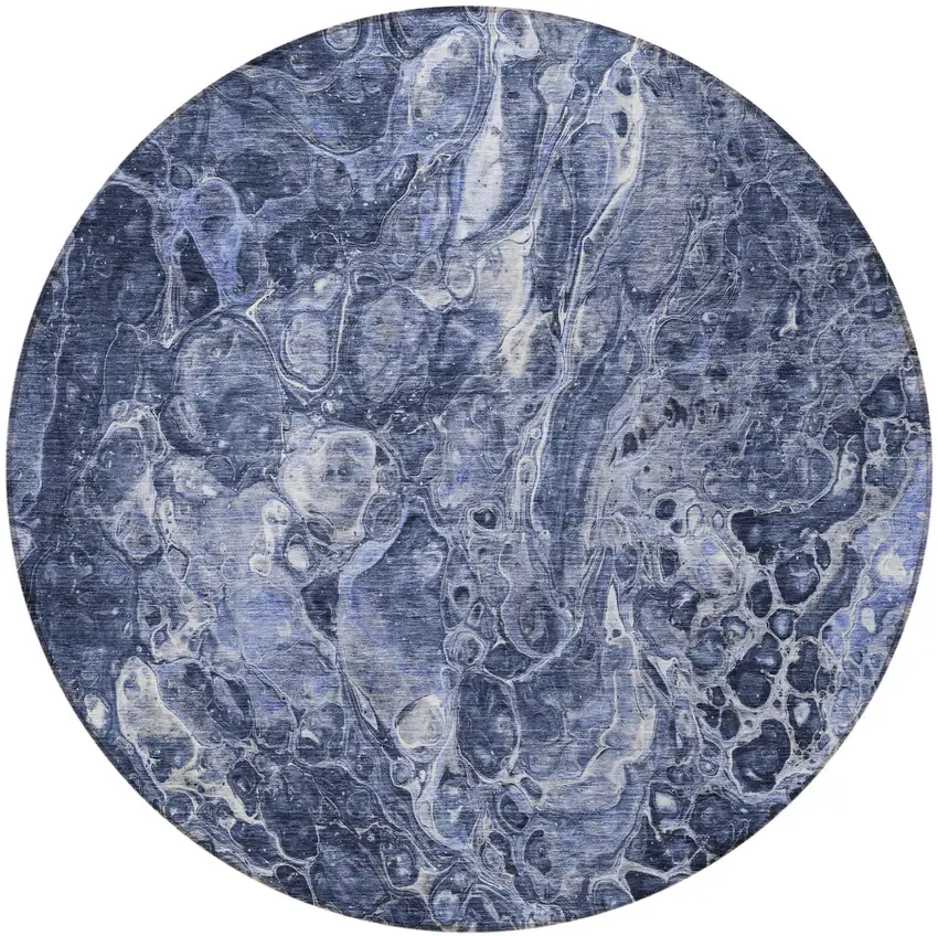 8' Navy Blue And Gray Round Abstract Washable Indoor Outdoor Area Rug Photo 6