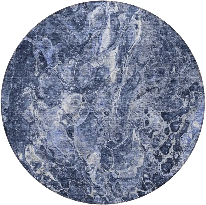 8' Navy Blue And Gray Round Abstract Washable Indoor Outdoor Area Rug Photo 6