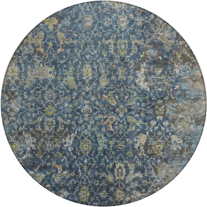 8' Navy Blue And Gray Round Damask Washable Indoor Outdoor Area Rug Photo 1