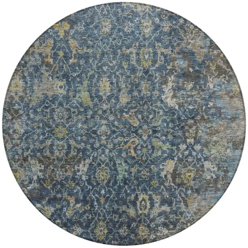 8' Navy Blue And Gray Round Damask Washable Indoor Outdoor Area Rug Photo 2