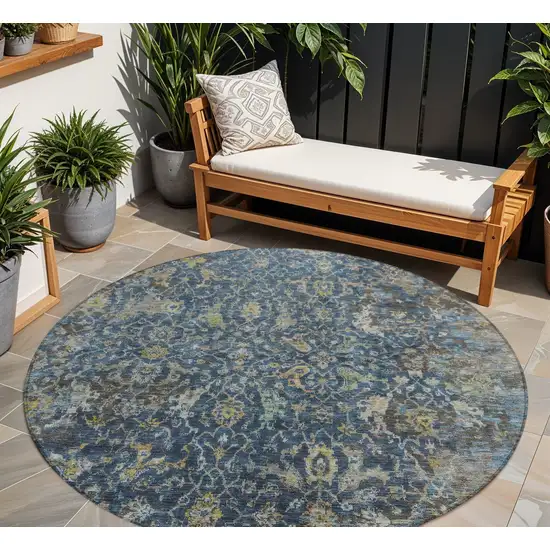 8' Navy Blue And Gray Round Damask Washable Indoor Outdoor Area Rug Photo 1