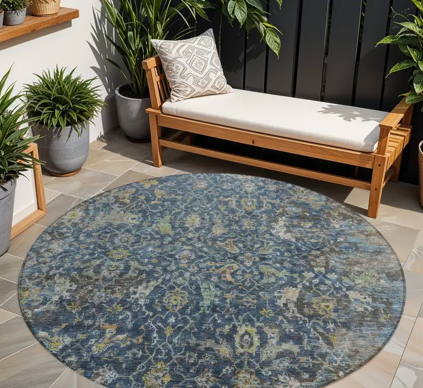8' Navy Blue And Gray Round Damask Washable Indoor Outdoor Area Rug Photo 1