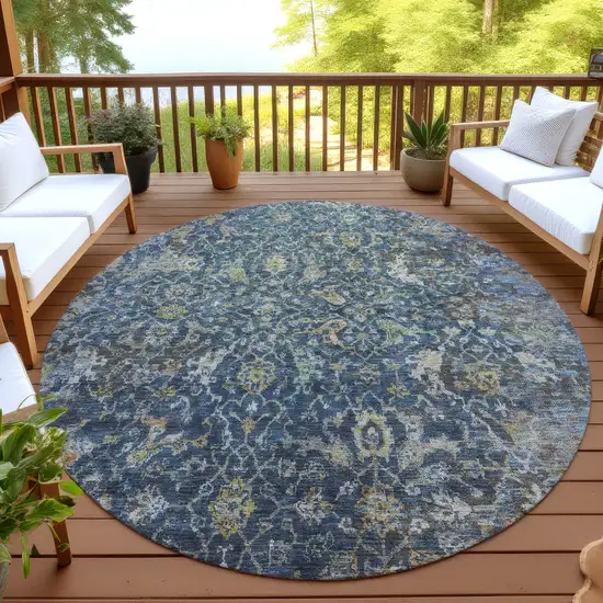 8' Navy Blue And Gray Round Damask Washable Indoor Outdoor Area Rug Photo 4