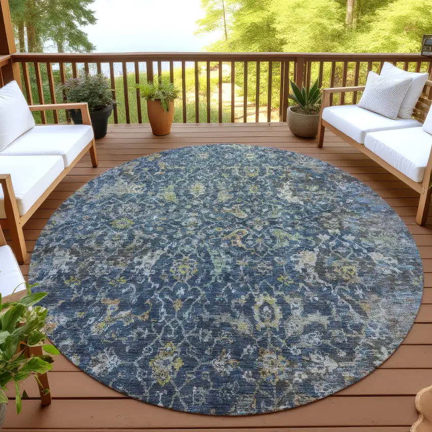 8' Navy Blue And Gray Round Damask Washable Indoor Outdoor Area Rug Photo 4