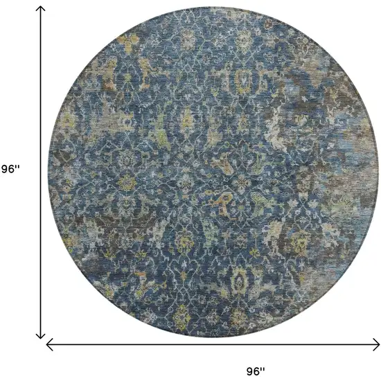 8' Navy Blue And Gray Round Damask Washable Indoor Outdoor Area Rug Photo 3