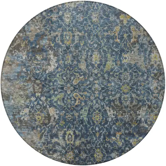 8' Navy Blue And Gray Round Damask Washable Indoor Outdoor Area Rug Photo 3