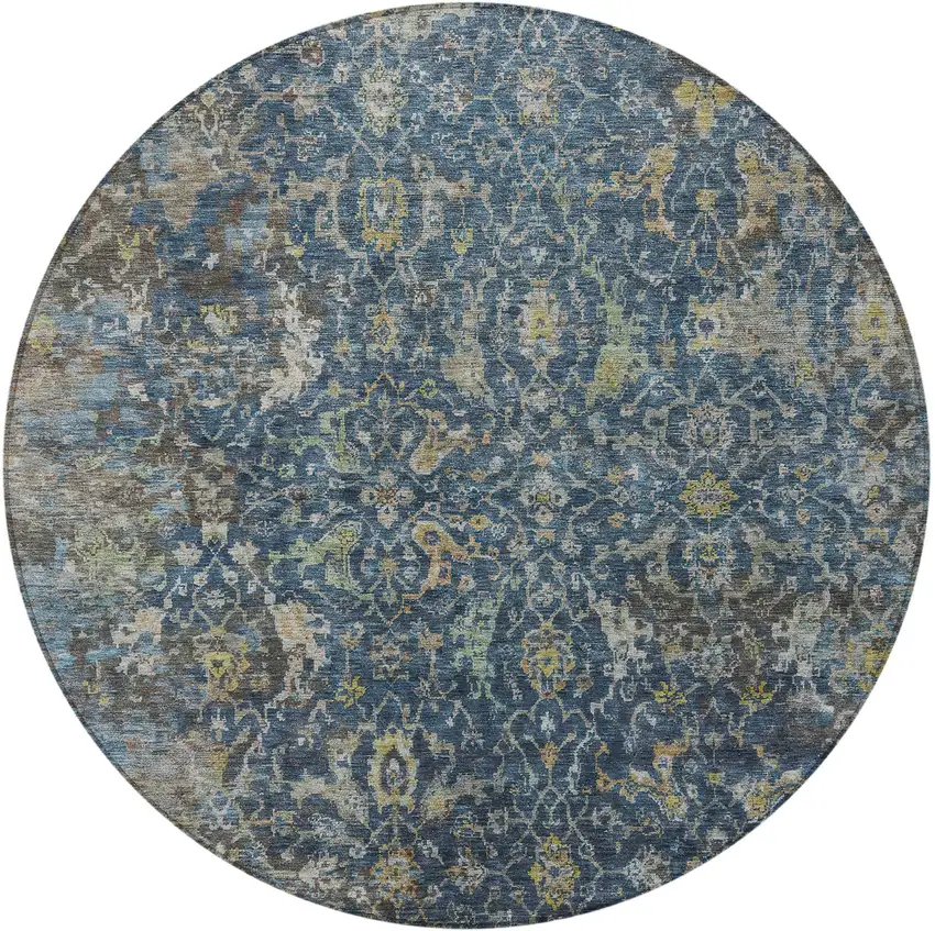 8' Navy Blue And Gray Round Damask Washable Indoor Outdoor Area Rug Photo 3