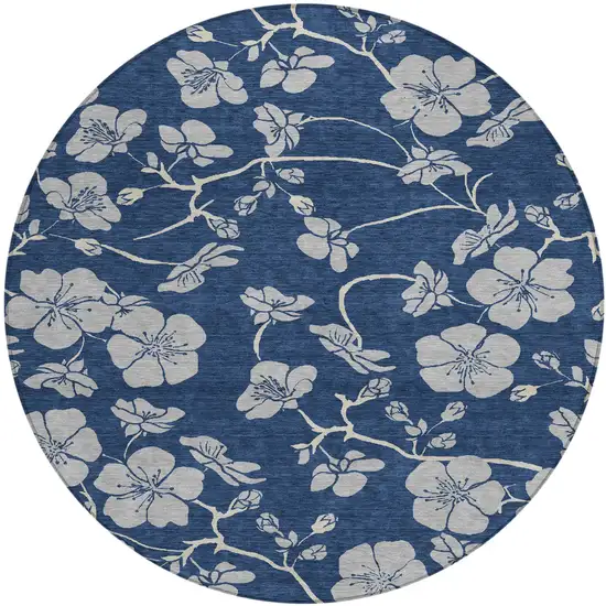 8' Navy Blue And Gray Round Floral Washable Indoor Outdoor Area Rug Photo 2