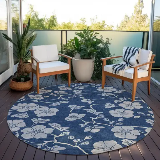 8' Navy Blue And Gray Round Floral Washable Indoor Outdoor Area Rug Photo 6