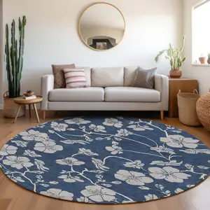 Photo of 8' Navy Blue And Gray Round Floral Washable Indoor Outdoor Area Rug