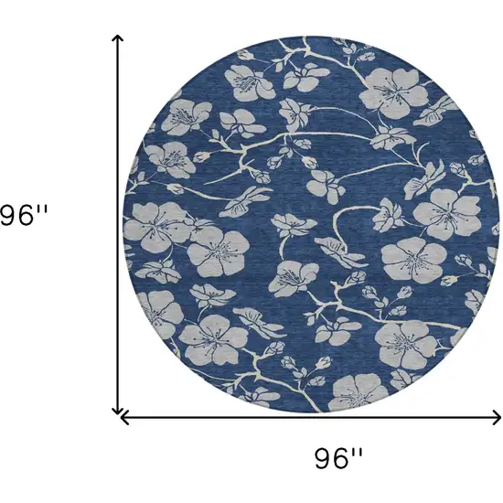 8' Navy Blue And Gray Round Floral Washable Indoor Outdoor Area Rug Photo 3