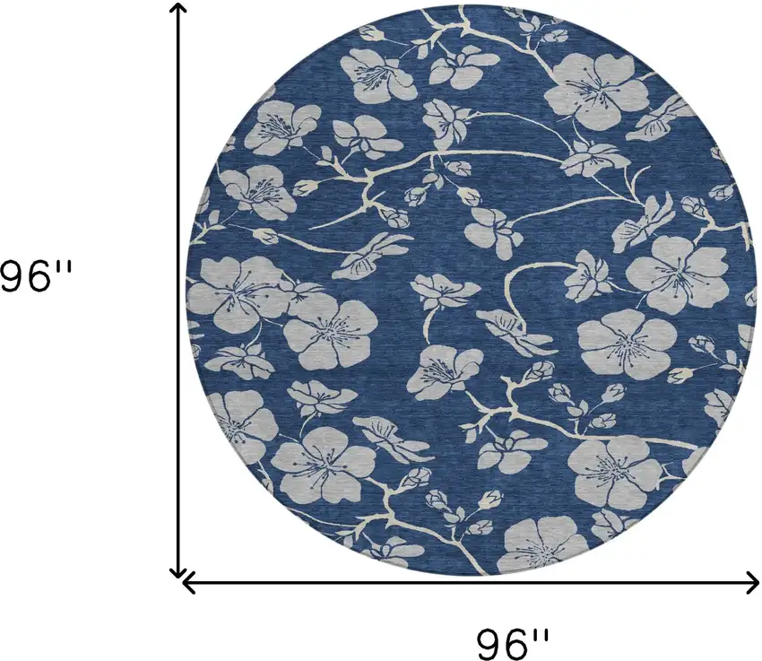 8' Navy Blue And Gray Round Floral Washable Indoor Outdoor Area Rug Photo 3