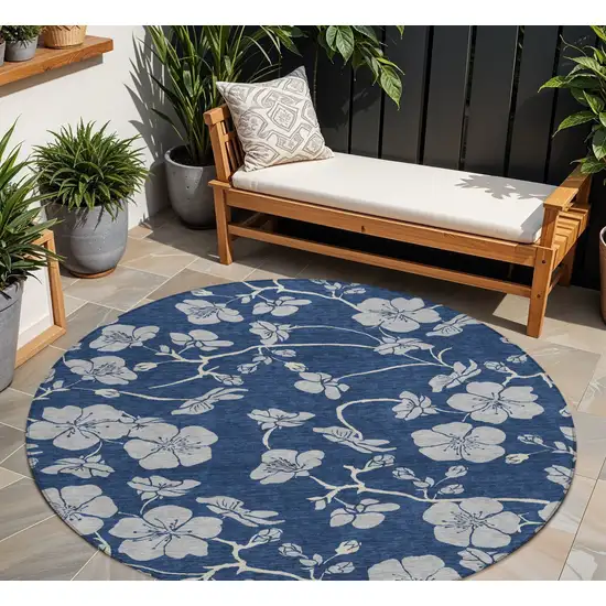 8' Navy Blue And Gray Round Floral Washable Indoor Outdoor Area Rug Photo 1
