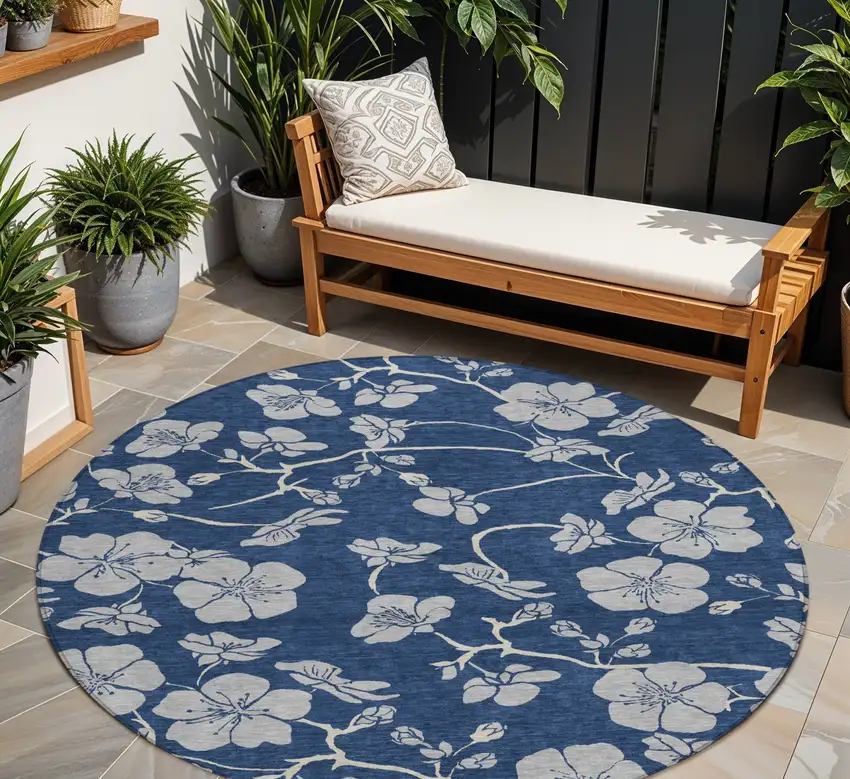 8' Navy Blue And Gray Round Floral Washable Indoor Outdoor Area Rug Photo 1