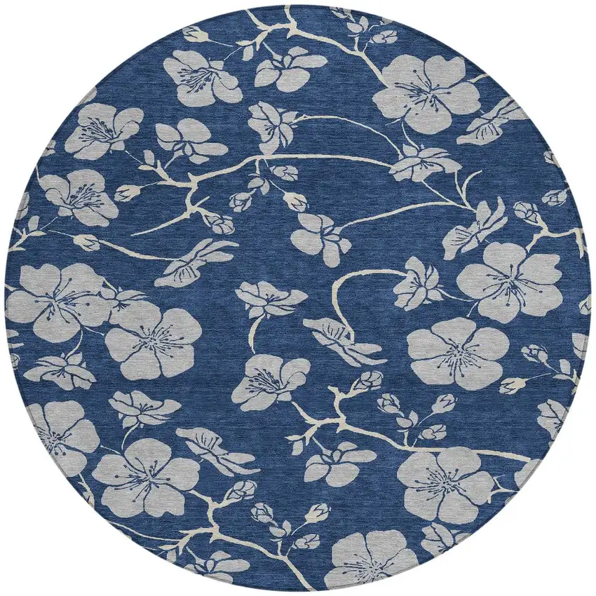 8' Navy Blue And Gray Round Floral Washable Indoor Outdoor Area Rug Photo 5