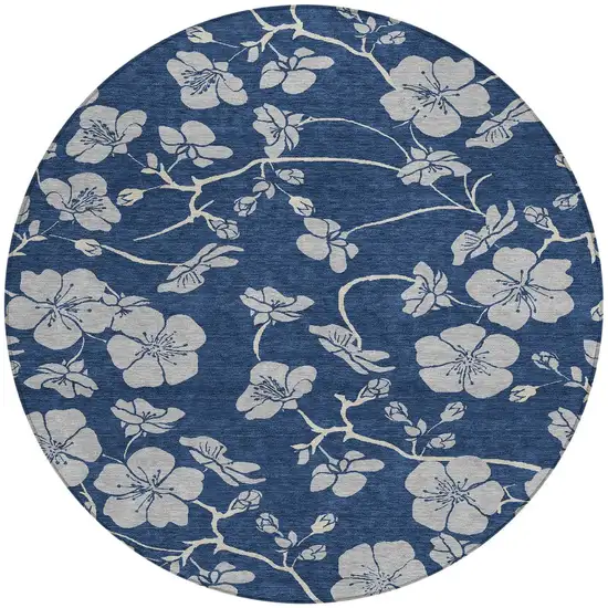 8' Navy Blue And Gray Round Floral Washable Indoor Outdoor Area Rug Photo 5