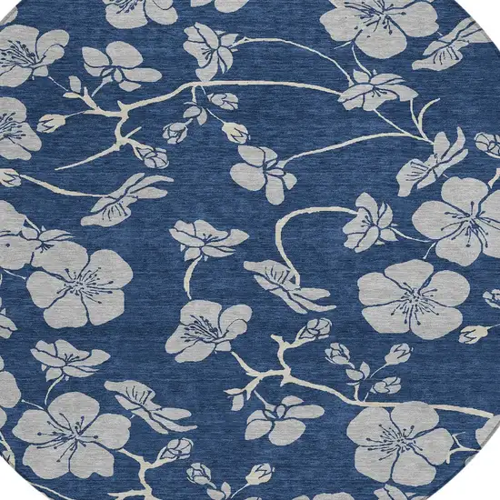 8' Navy Blue And Gray Round Floral Washable Indoor Outdoor Area Rug Photo 4