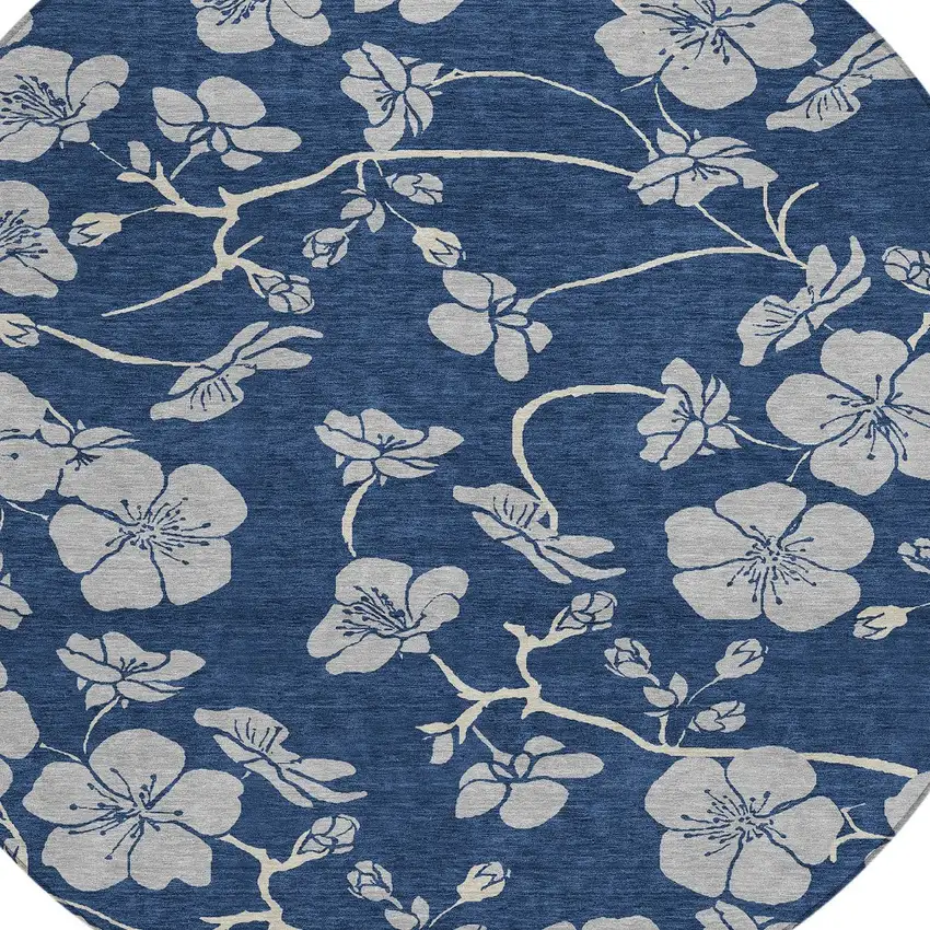 8' Navy Blue And Gray Round Floral Washable Indoor Outdoor Area Rug Photo 4