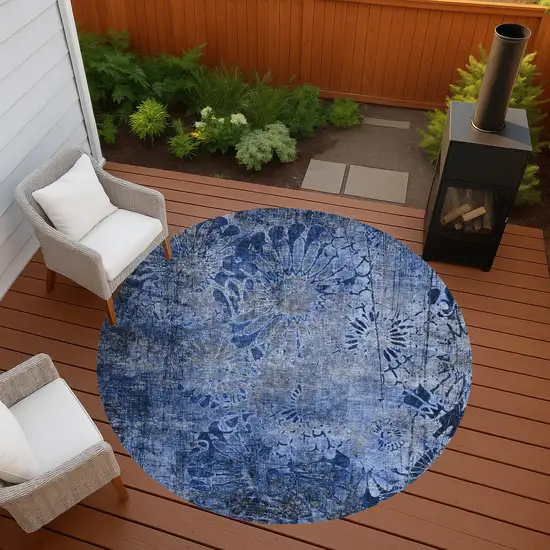 8' Navy Blue And Gray Round Floral Washable Indoor Outdoor Area Rug Photo 7