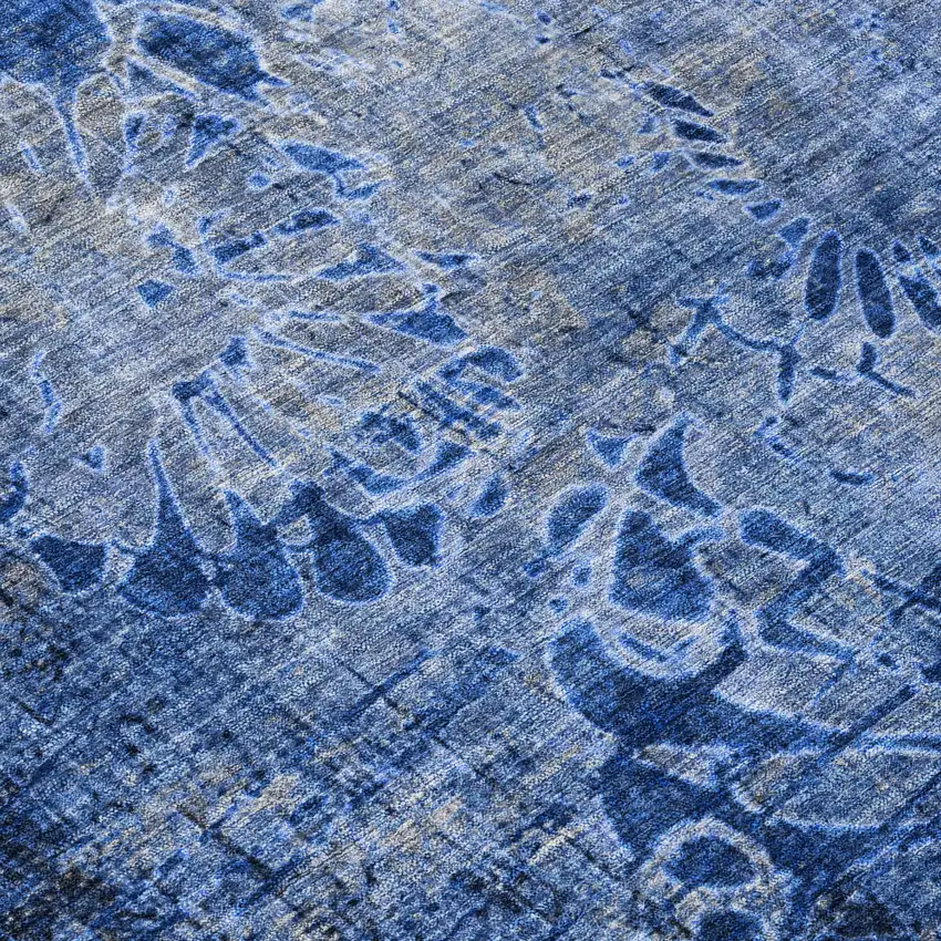 8' Navy Blue And Gray Round Floral Washable Indoor Outdoor Area Rug Photo 9