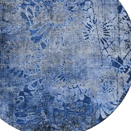 8' Navy Blue And Gray Round Floral Washable Indoor Outdoor Area Rug Photo 6