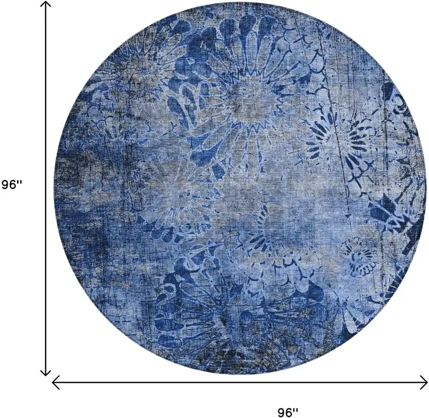 8' Navy Blue And Gray Round Floral Washable Indoor Outdoor Area Rug Photo 3