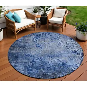 Photo of 8' Navy Blue And Gray Round Floral Washable Indoor Outdoor Area Rug