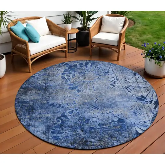 8' Navy Blue And Gray Round Floral Washable Indoor Outdoor Area Rug Photo 1