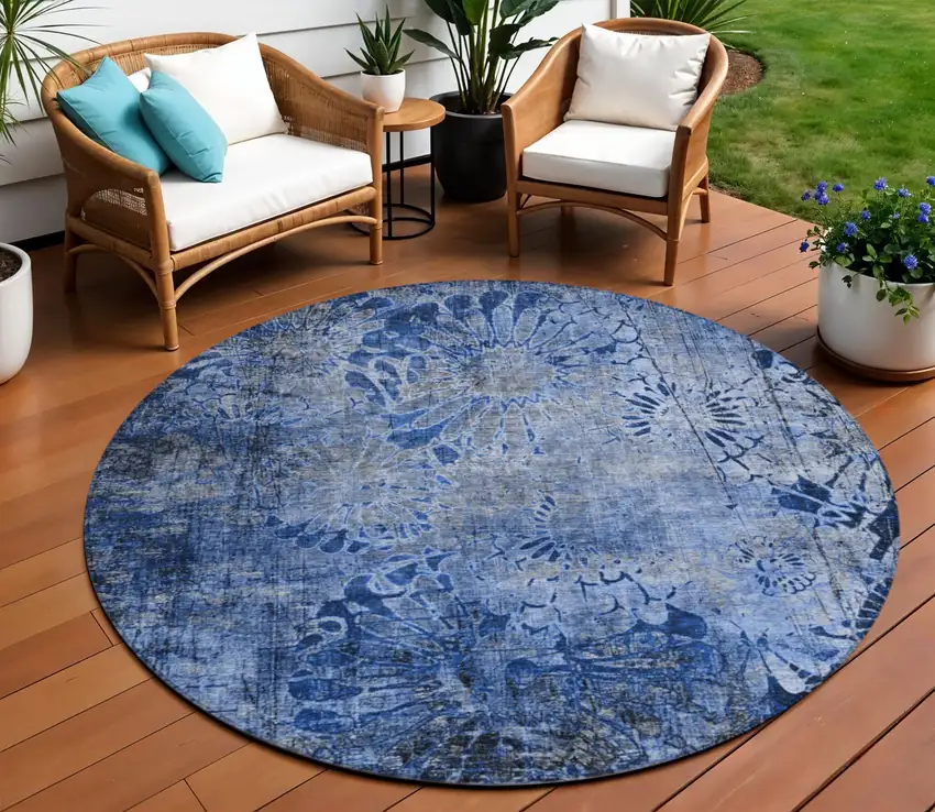 8' Navy Blue And Gray Round Floral Washable Indoor Outdoor Area Rug Photo 1