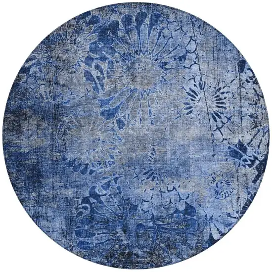 8' Navy Blue And Gray Round Floral Washable Indoor Outdoor Area Rug Photo 4