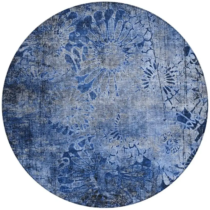 8' Navy Blue And Gray Round Floral Washable Indoor Outdoor Area Rug Photo 4