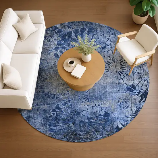 8' Navy Blue And Gray Round Floral Washable Indoor Outdoor Area Rug Photo 8