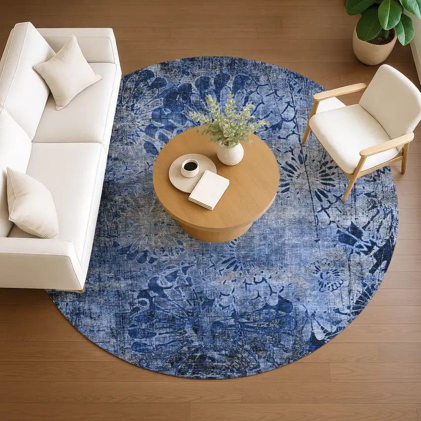8' Navy Blue And Gray Round Floral Washable Indoor Outdoor Area Rug Photo 8